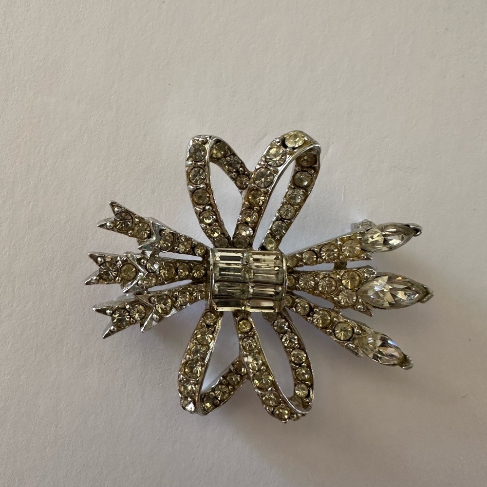 PELL Crystal Bow Statement Brooch - Silver Tone